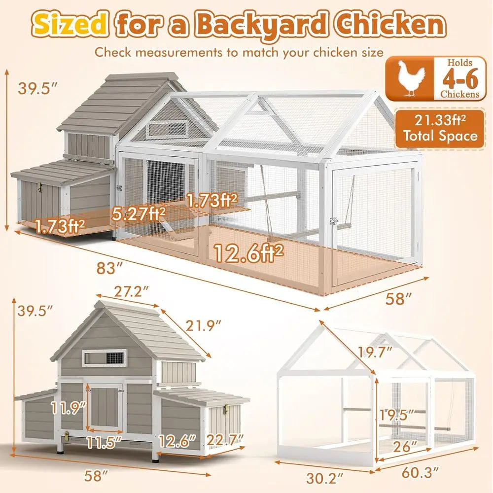 Wooden Chicken Coop For 4-6 Hens With Run Nesting Boxes Swing Perch