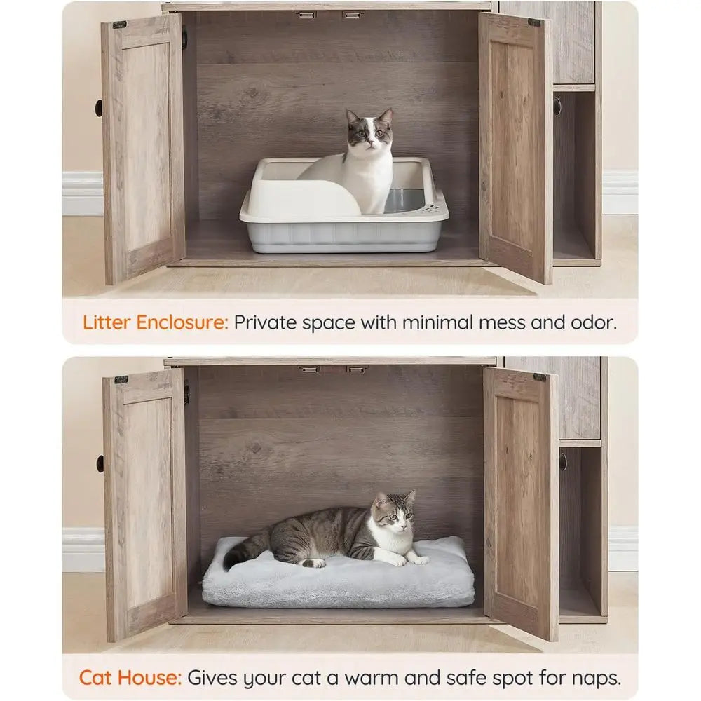 All-in-One Cat Tree With Litter Box Enclosure Food Bowl Storage