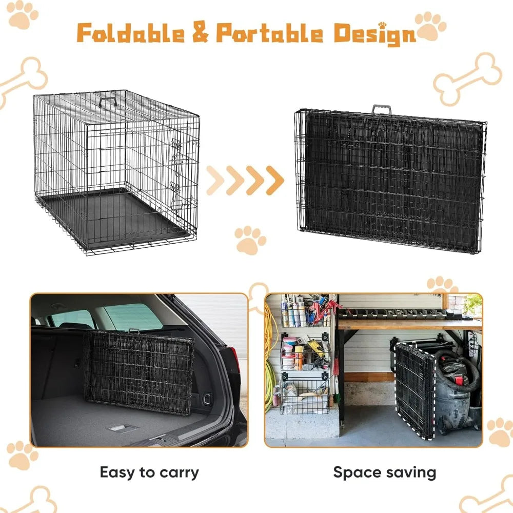 Dog Crate Foldable Double Door Cage With Leak Proof Pan Tray