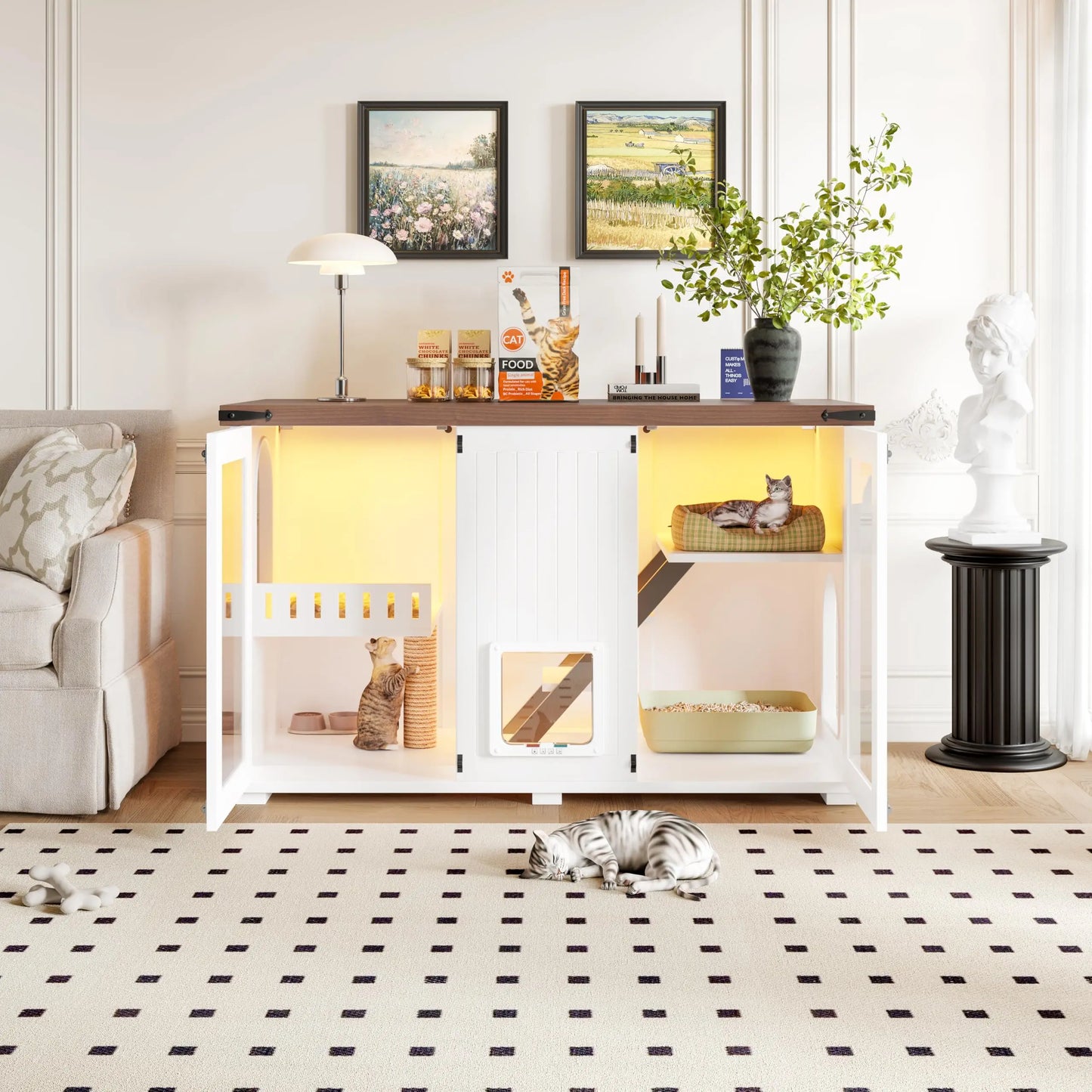 Cat House Litter Box Enclosure With LED Light And Stairs