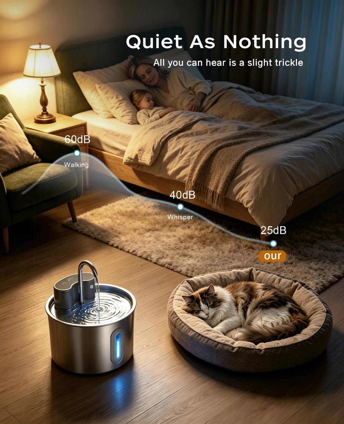 OPETH Cordless Stainless Steel Cat Water Fountain With Automatic Pump