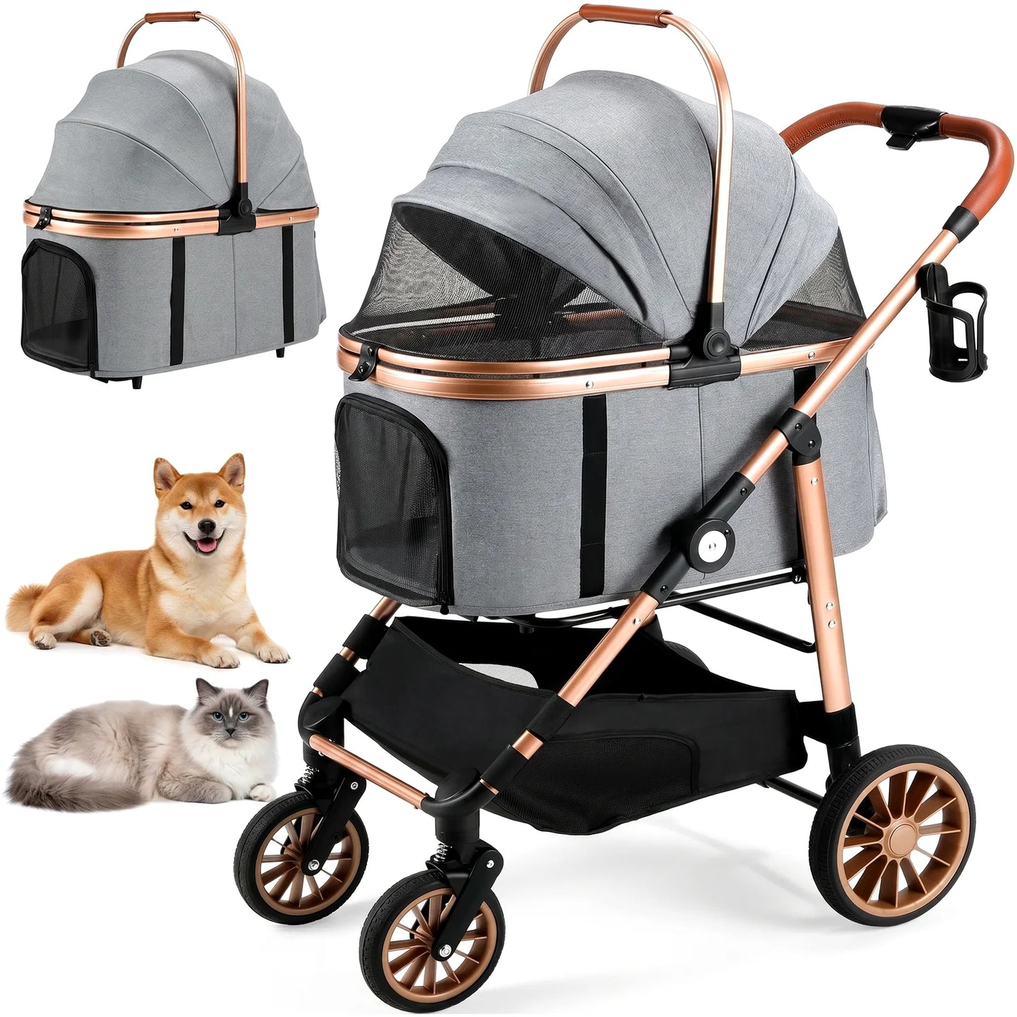 Foldable Pet Stroller All Terrain 3 In 1 Carrier Cup Holder