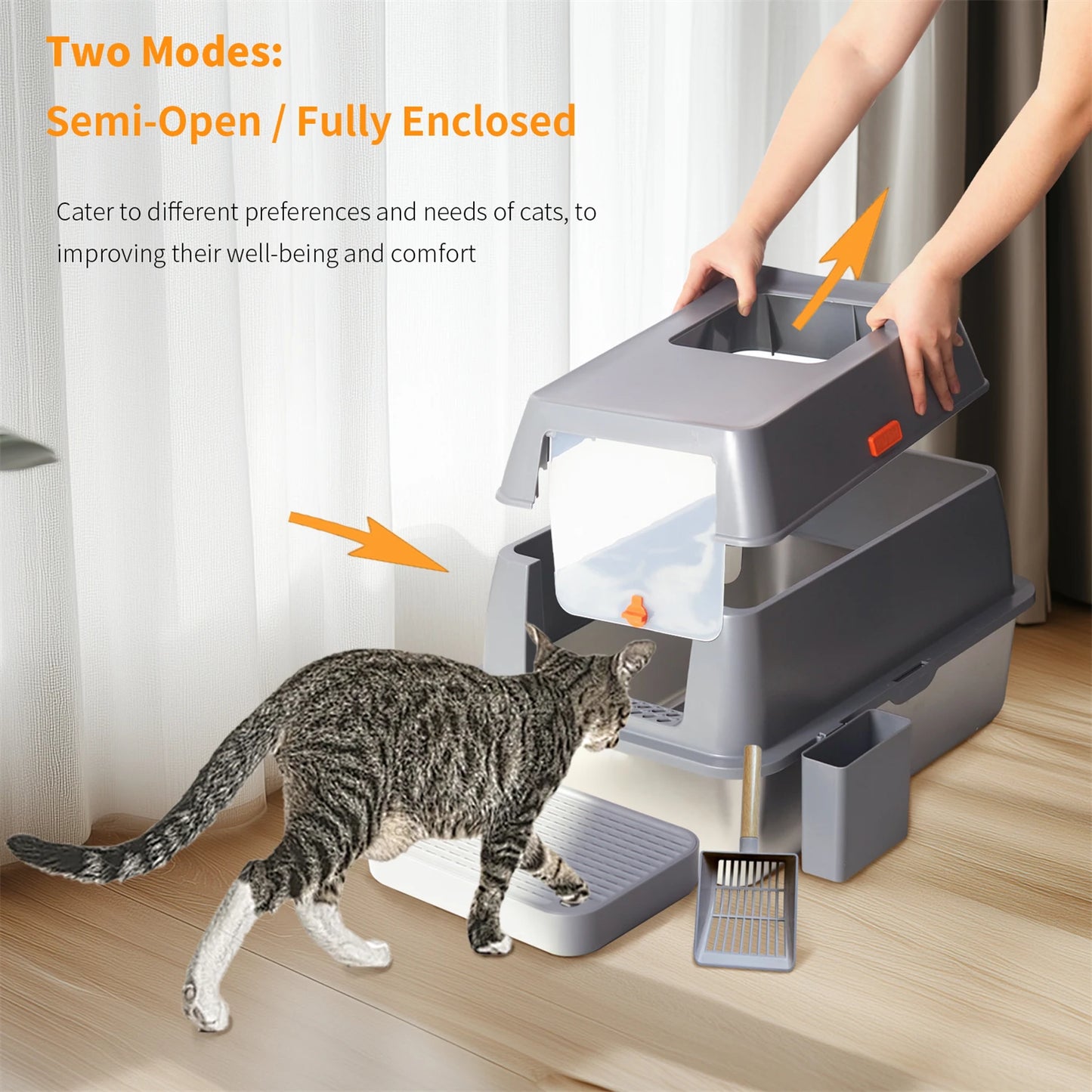 Enclosed Stainless Steel Cat Litter Box With Lid And High Walls