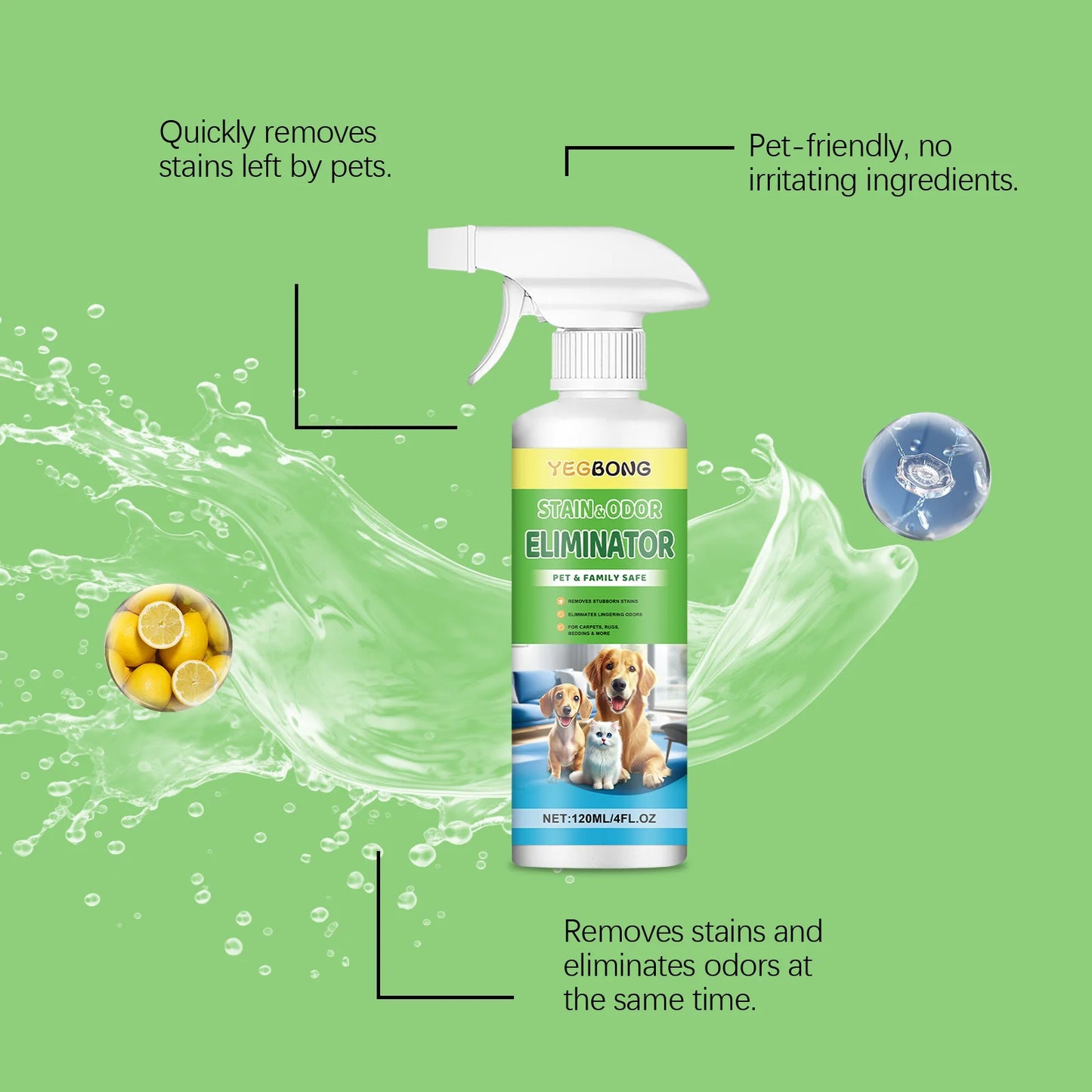 YEGBONG Pet Stain Cleaner Spray Stain Removal and Odor Elimination