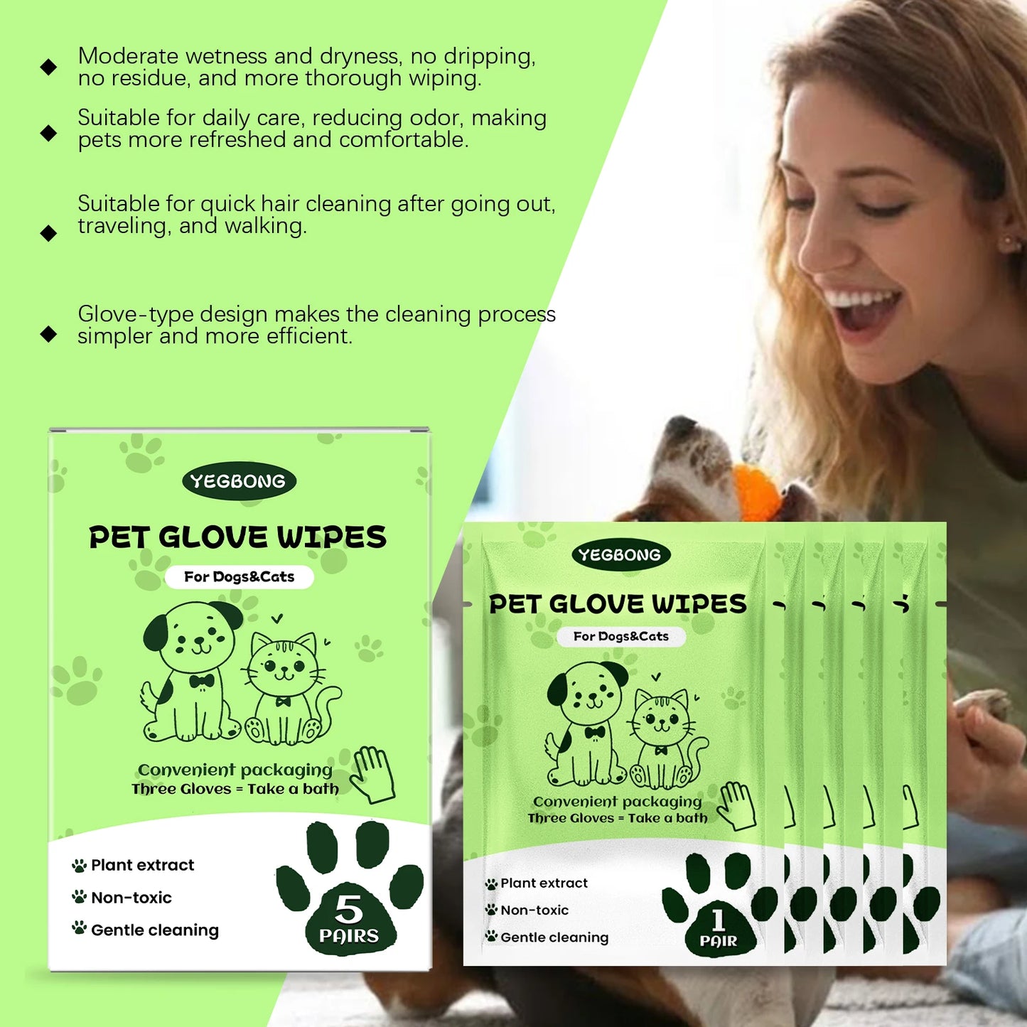 YEGBONG Pet No Rinse Cleaning Gloves For Hair Odor Control