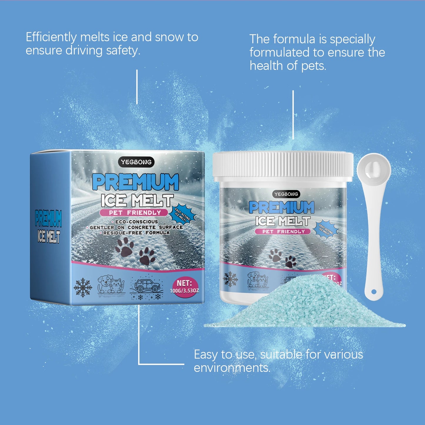YEGBONG Pet-Friendly Ice Melter Powder For Cats And Dogs Non-Irritating