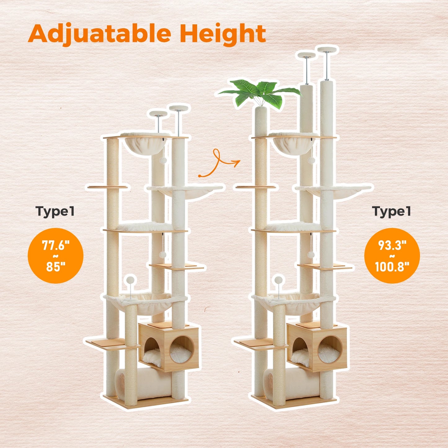 PAWZ Road Height Adjustable Cat Tree With Hammock For Indoor