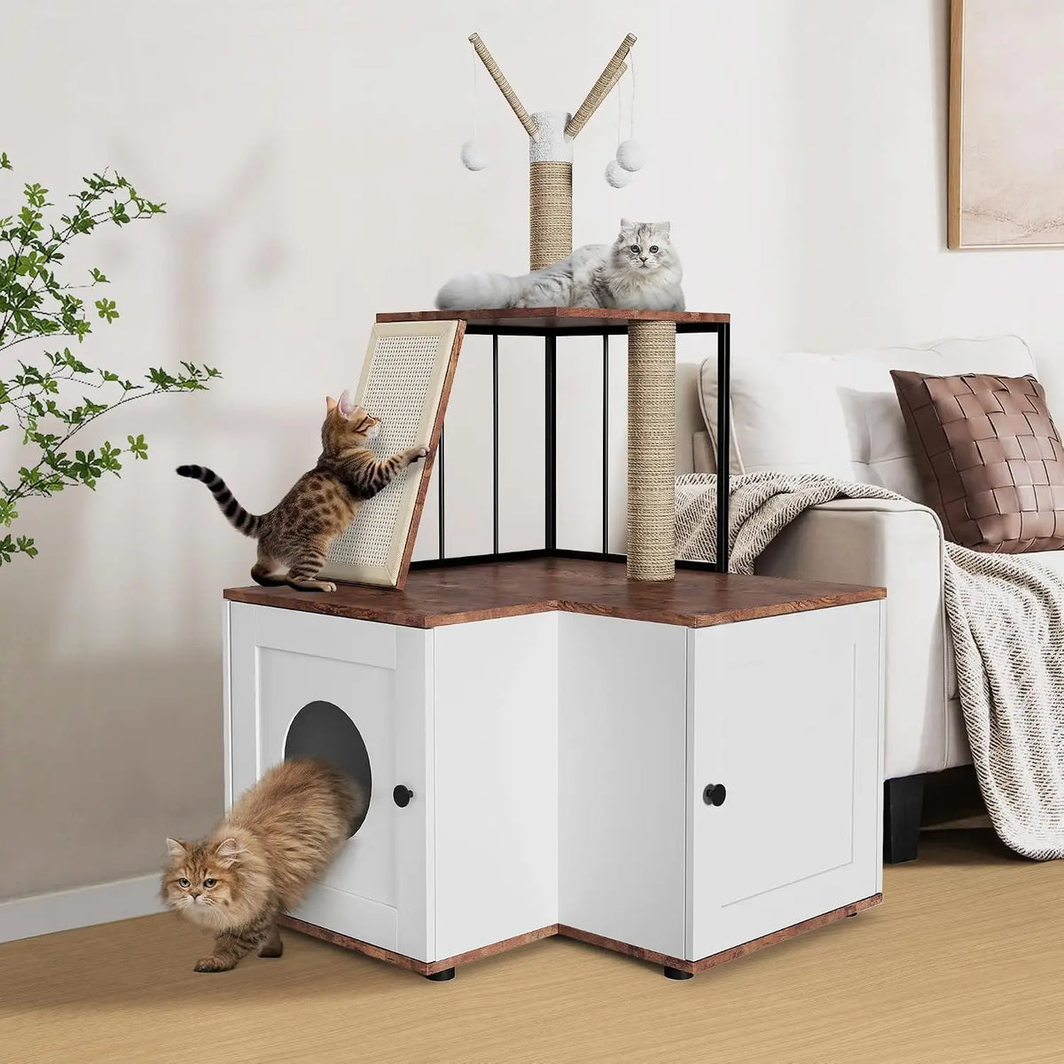 Garvee Wood L-Shaped Cat Tree Scratching Post With Storage Cabinet