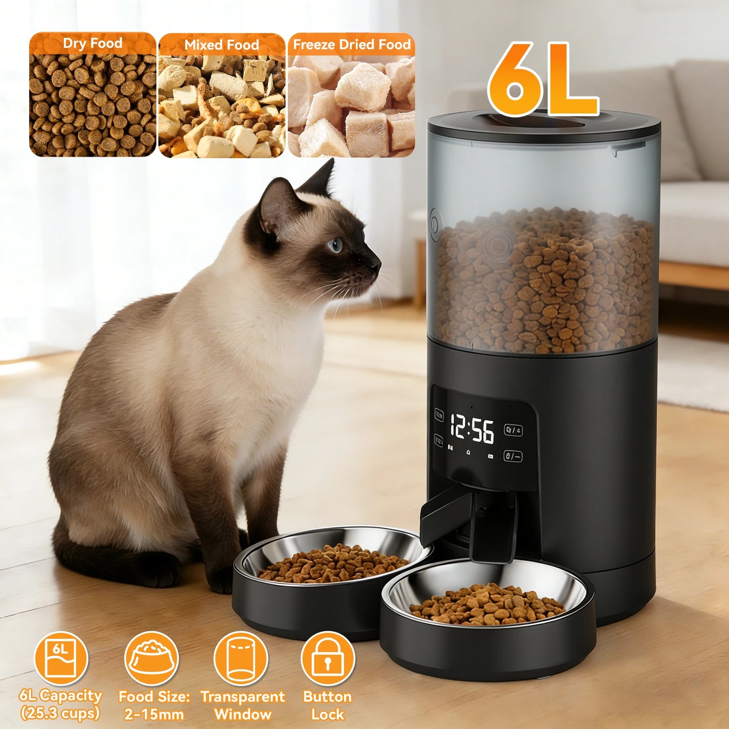 Automatic Cat Feeder With Dual Stainless Bowls And Timed Dispenser