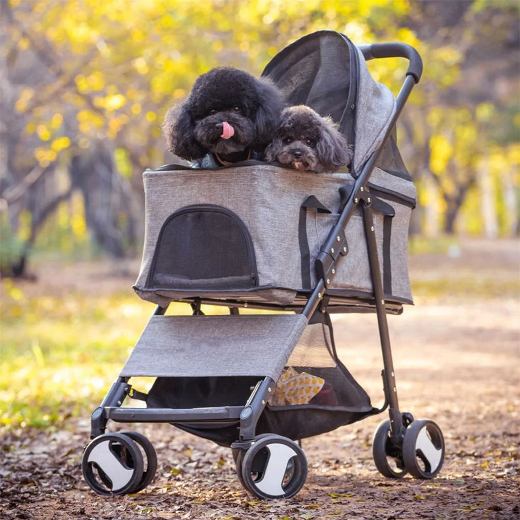 Foldable Pet Stroller Travel Carrier With 360 Wheels And Rain Cover