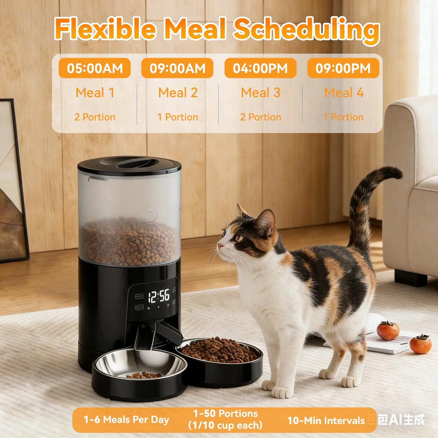 Automatic Cat Feeder With Dual Stainless Bowls And Timed Dispenser