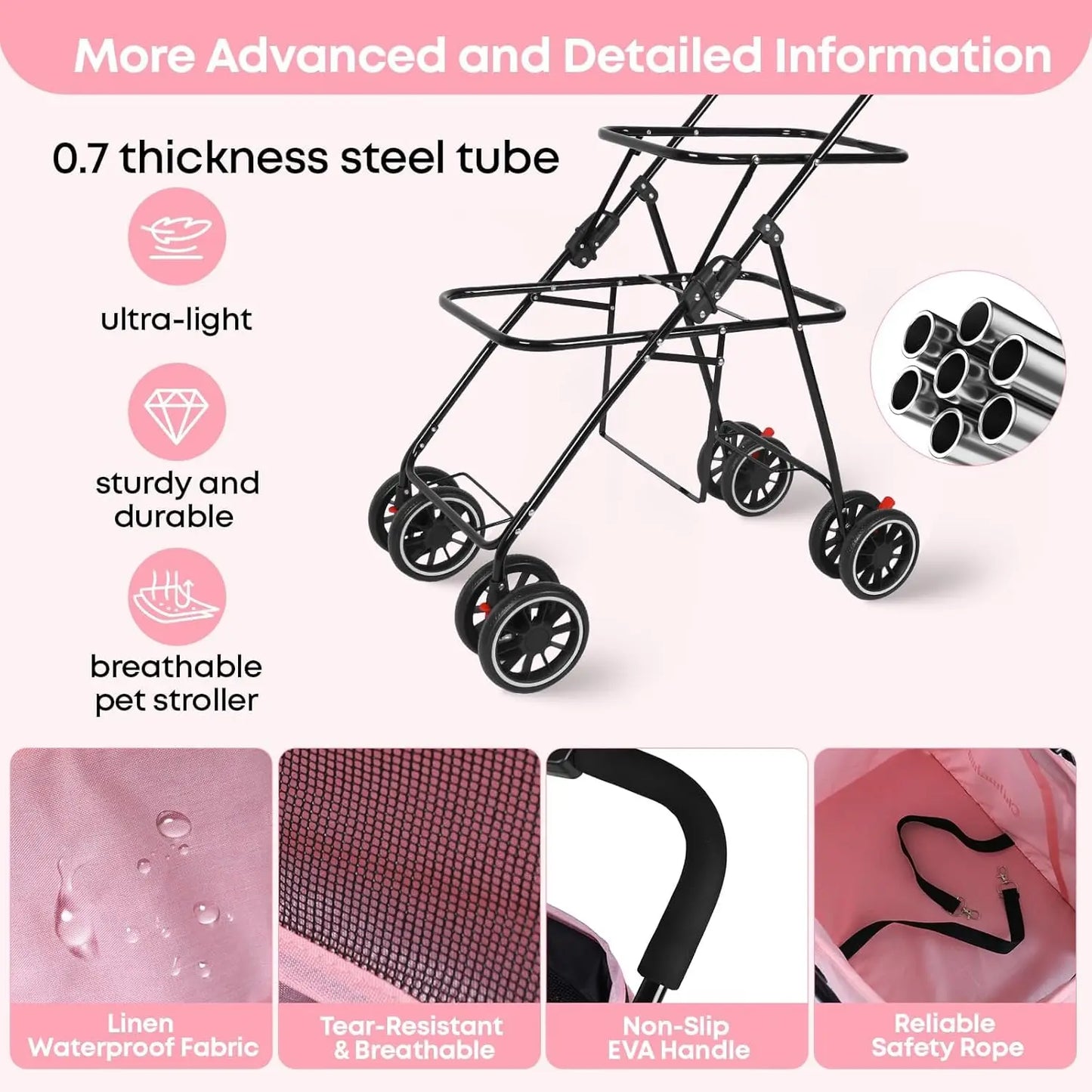 Double Pet Stroller For Two Pets, Lightweight Folding, 4 Wheels
