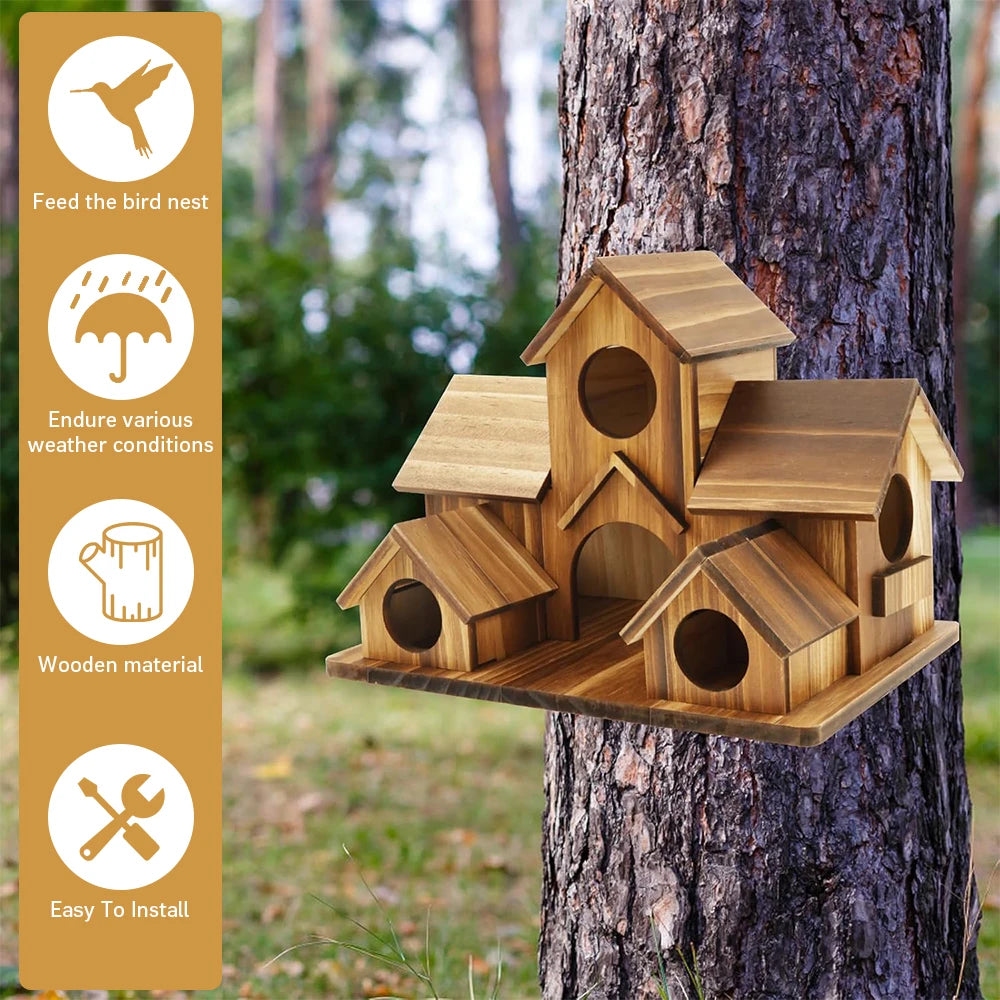 Wooden Five Hole Castle Bird House For Outdoor Garden Decor