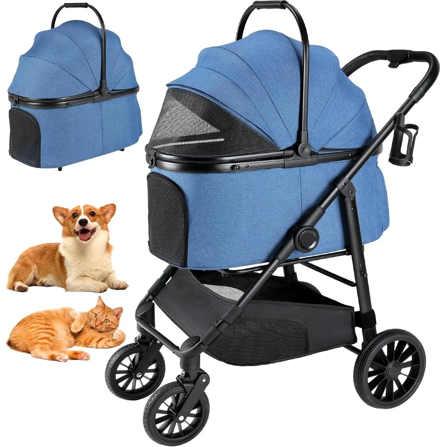 Foldable Pet Stroller All Terrain 3 In 1 Carrier Cup Holder