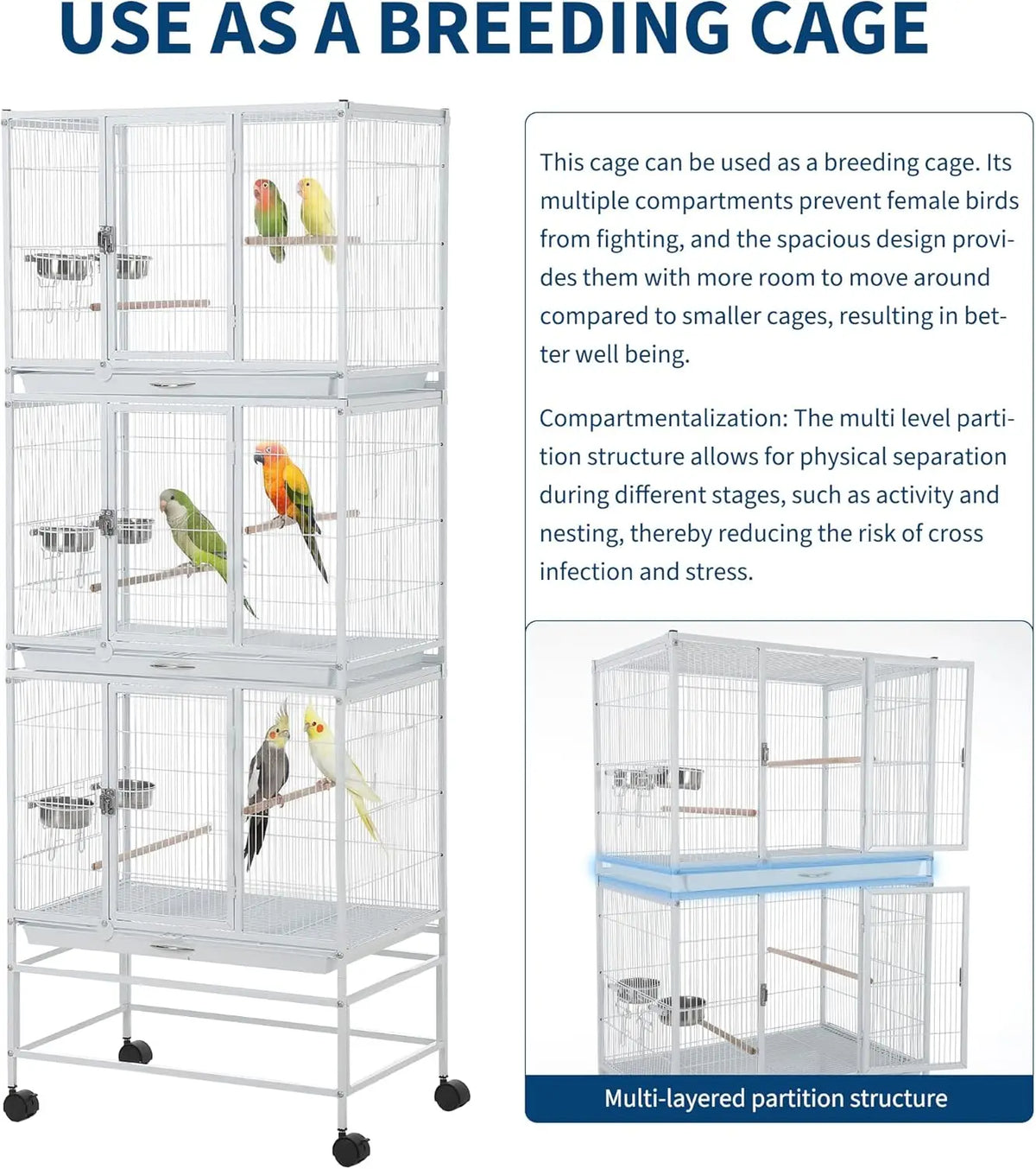 HiMISS Heavy Duty Bird Cage With Three Compartments And Trays