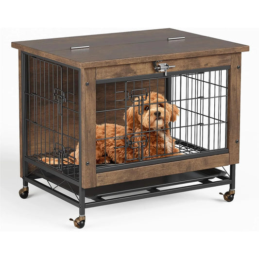 HiMISS Rustic Dog Crate Furniture With Wheels