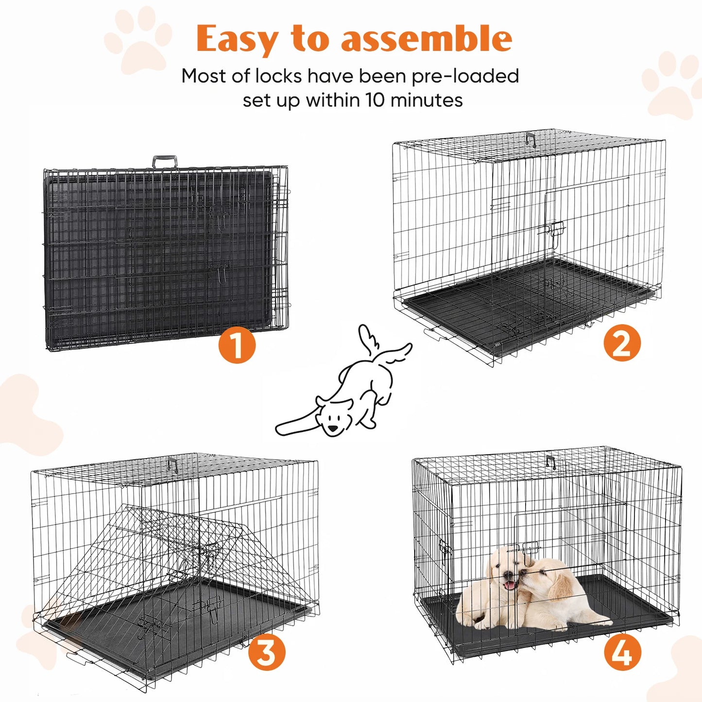 JHK Double Door Folding Metal Wire Dog Cage Leakproof Pan