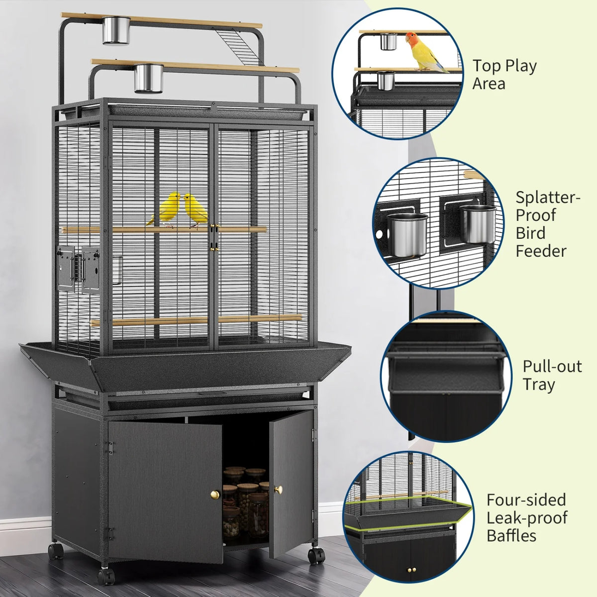 HImiss Corner Bird Cage Play Top And Rolling Storage Cabinet