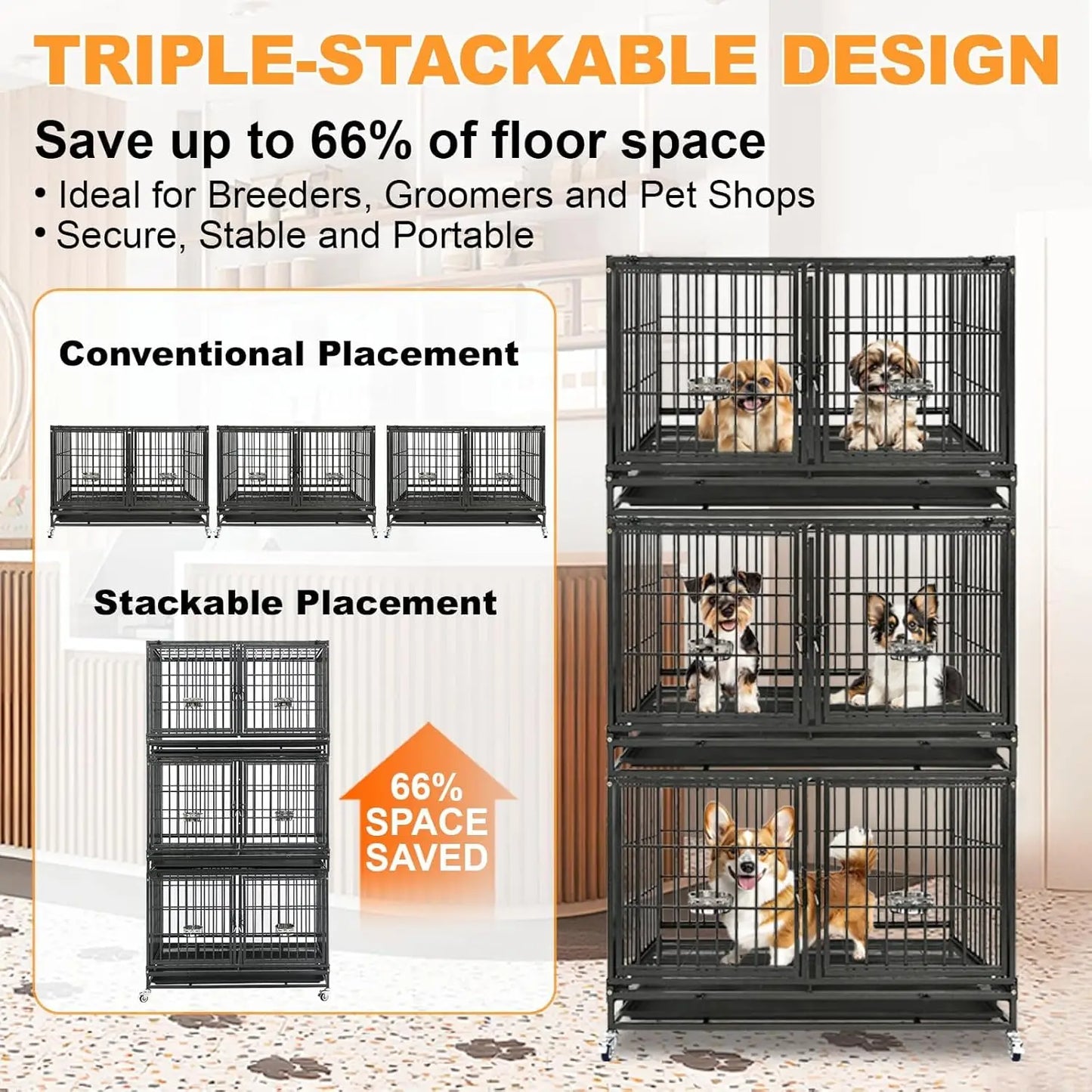Heavy Duty Stackable Dog Crate With Divider Doors And Bowls