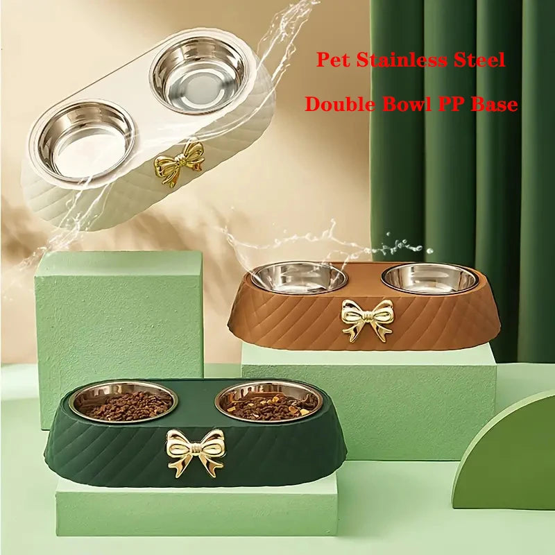Double Pet Feeding Bowls Set With Plastic Base For Dogs And Cats