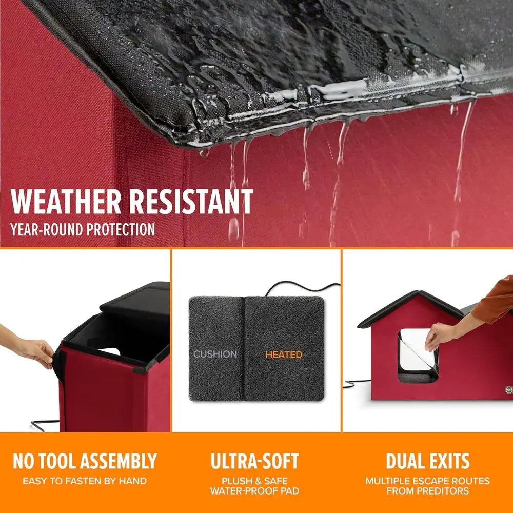 Extra Wide Heated Outdoor Cat House For Two Cats Insulated Weatherproof Shelter