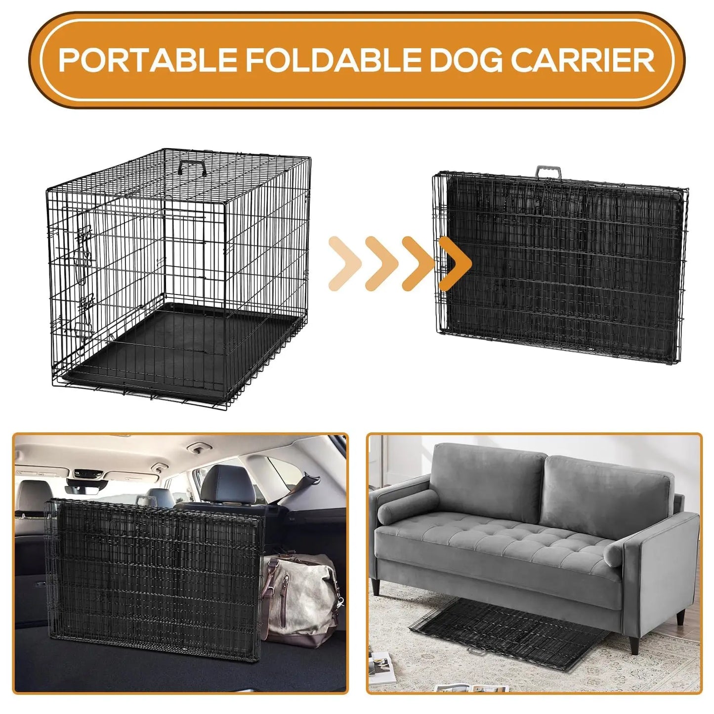 Dog Crate Double Door Portable Metal Wire Kennel With Tray