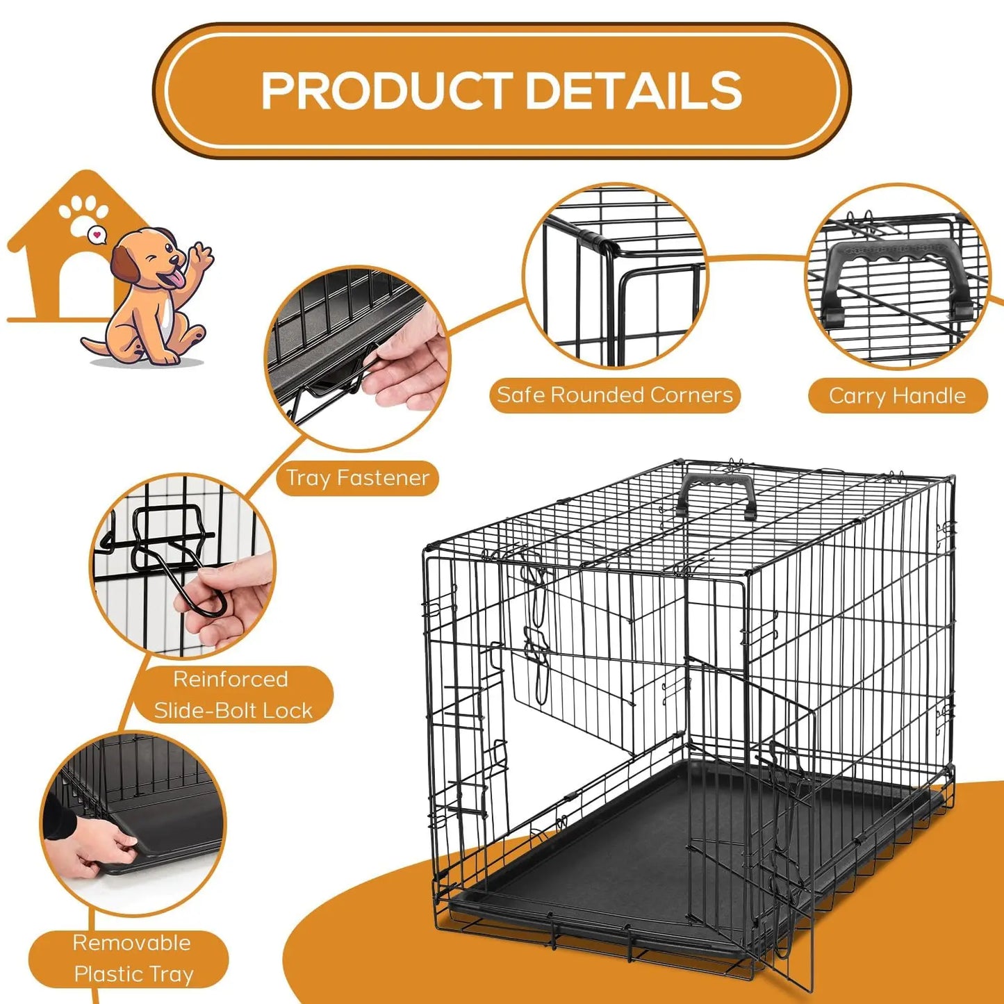 Dog Crate Double Door Portable Metal Wire Kennel With Tray