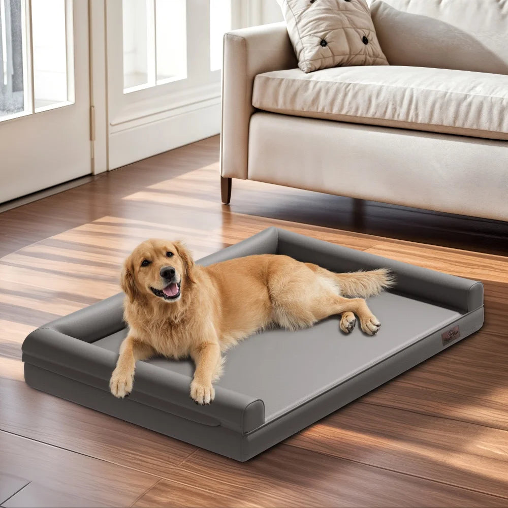 BORWART Orthopedic Dog Bed Bolster Waterproof Microfiber Leather Removable Cover