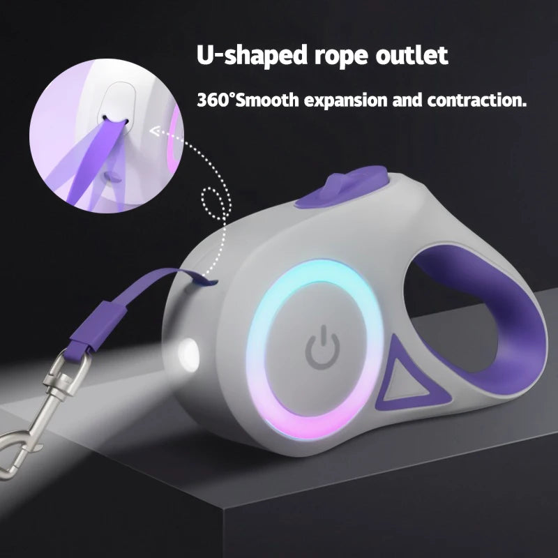 LED Retractable Dog Leash With Light For Pets Night Safety