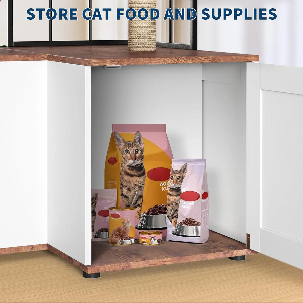 Garvee Wood L-Shaped Cat Tree Scratching Post With Storage Cabinet