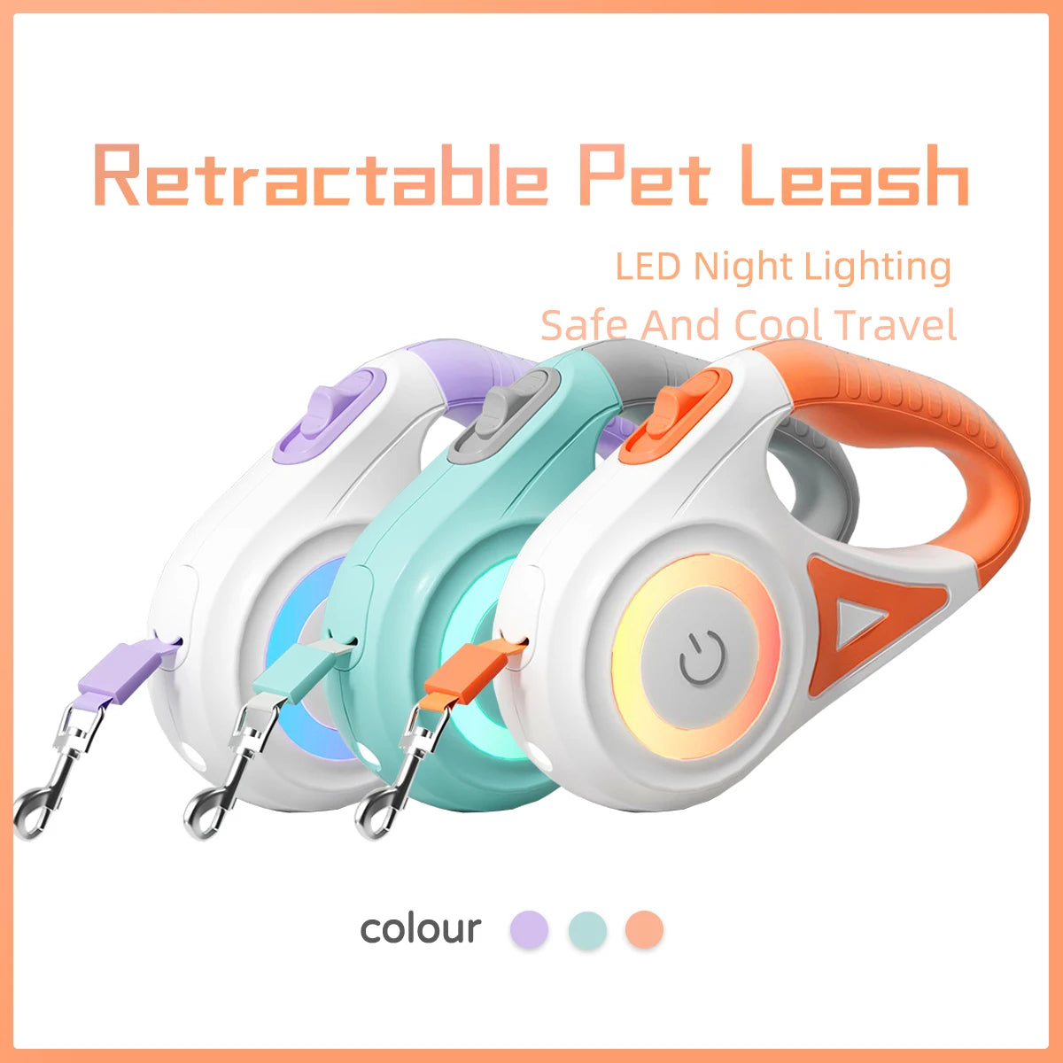 LED Retractable Dog Leash With Light For Pets Night Safety