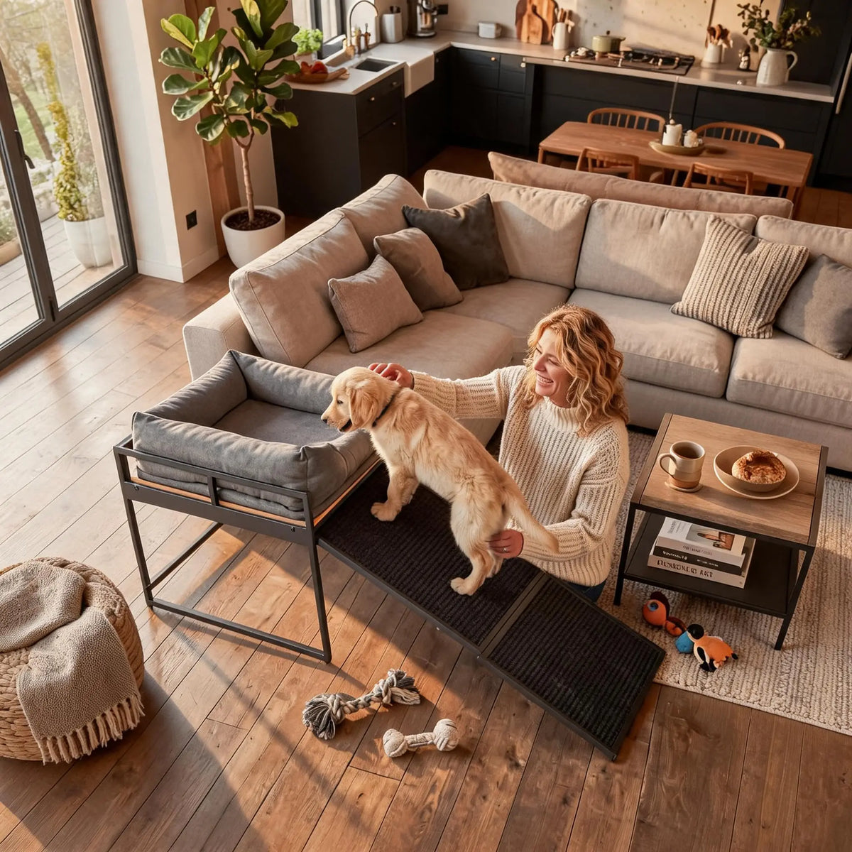 Elevated Dog Bed Platform With Non Slip Ramp And Bolster