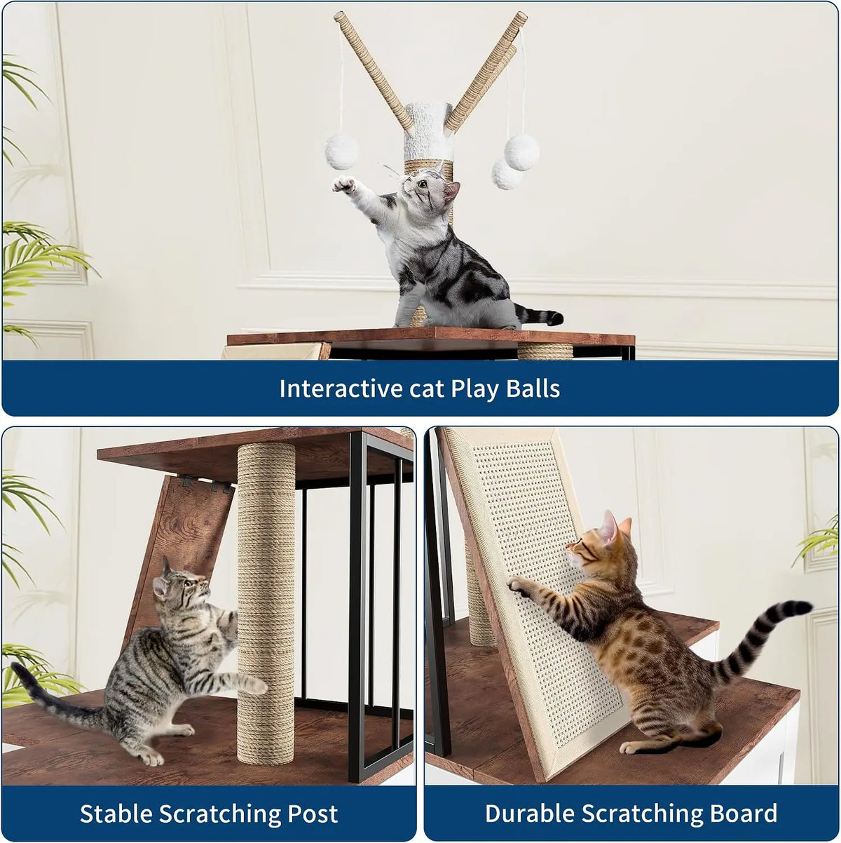 Garvee Wood L-Shaped Cat Tree Scratching Post With Storage Cabinet