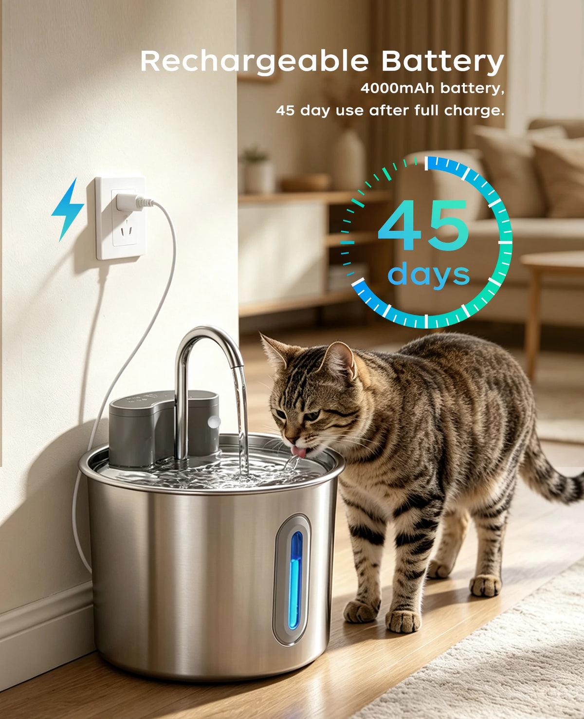 OPETH Cordless Stainless Steel Cat Water Fountain With Automatic Pump