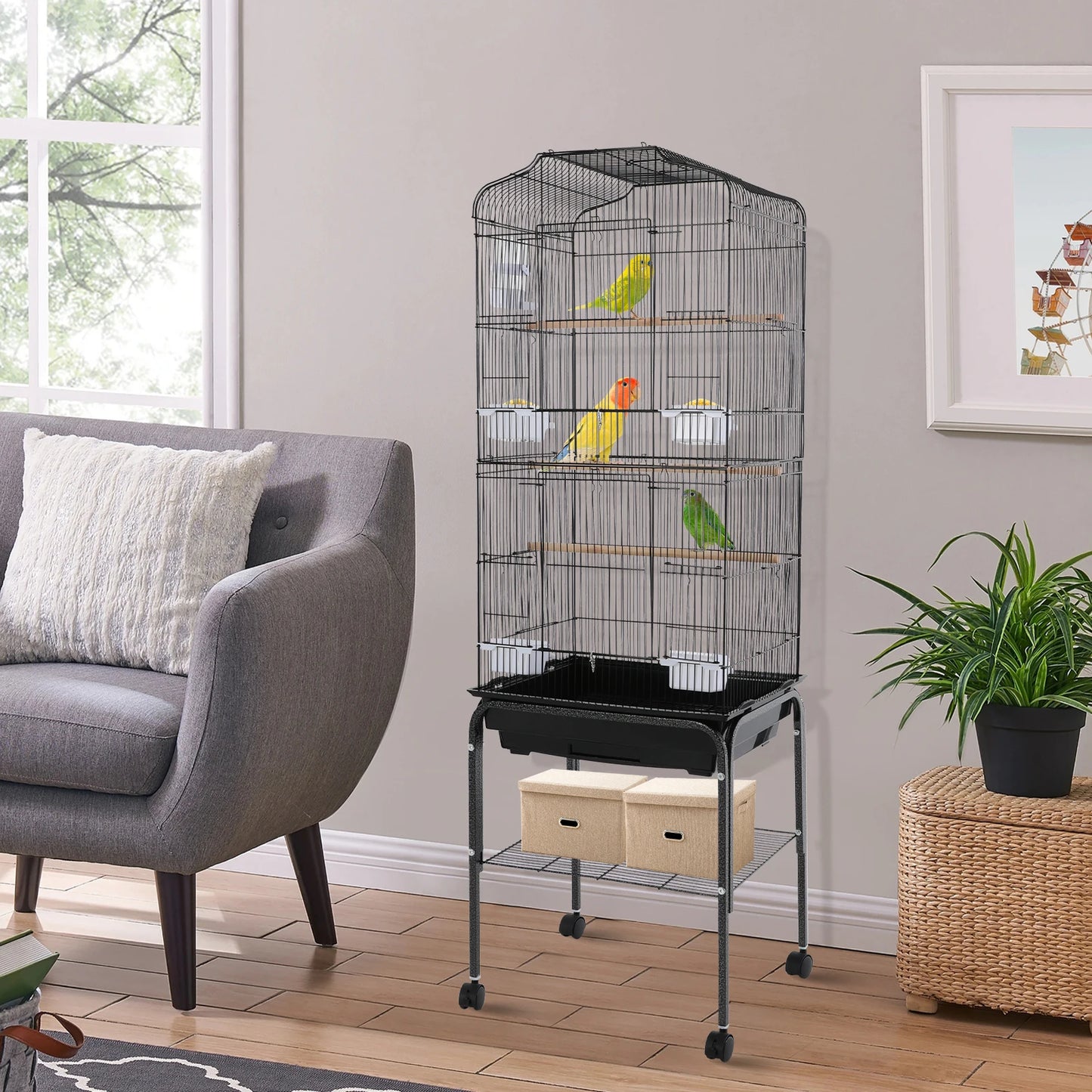 Bird Cage With Stand And Wheels Lockable Door For Home