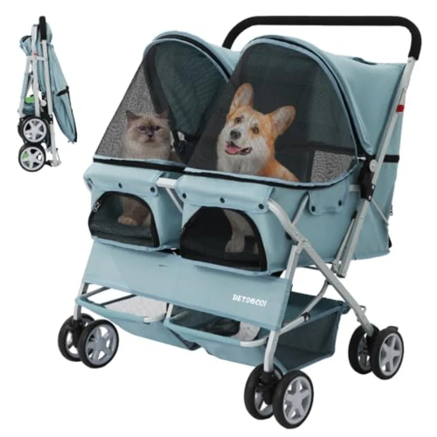 Double Pet Stroller For Two Dogs And Cats With Leashes