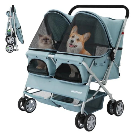Double Pet Stroller For Two Dogs And Cats With Leashes