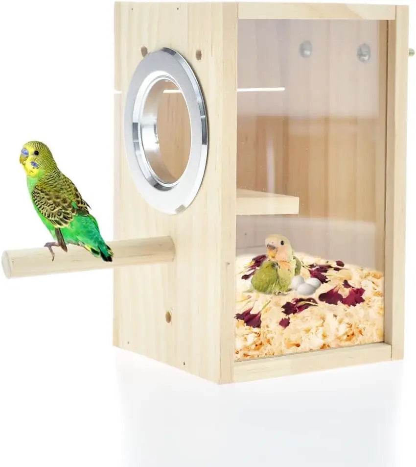 NONECN Wooden Acrylic Bird Nest Box For Parrots Finches