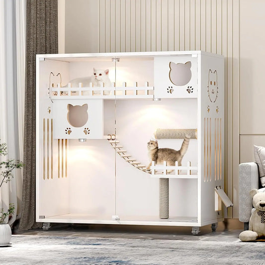 Wooden Cat Condo With Scratching Post And Glass Doors