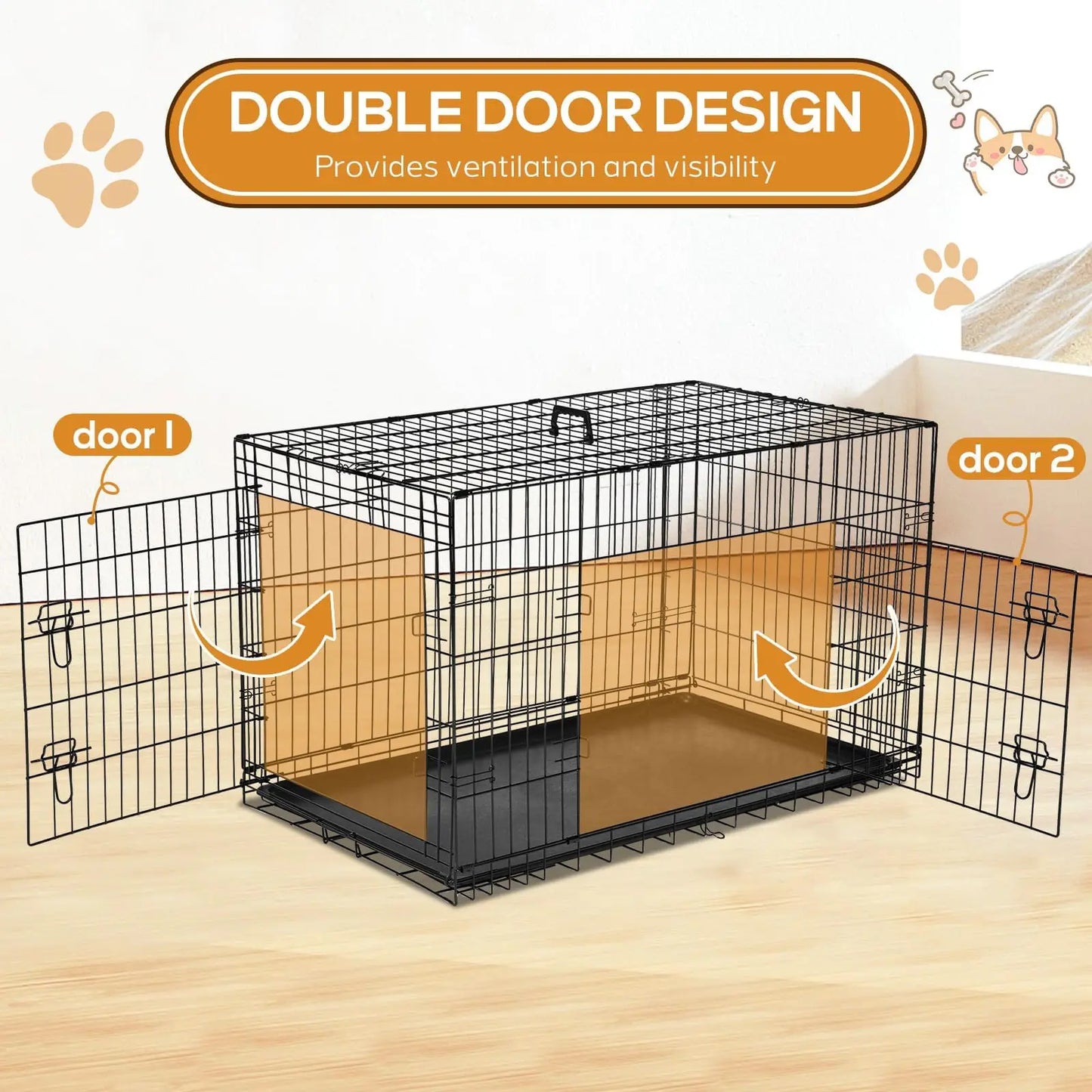 Dog Crate Double Door Portable Metal Wire Kennel With Tray