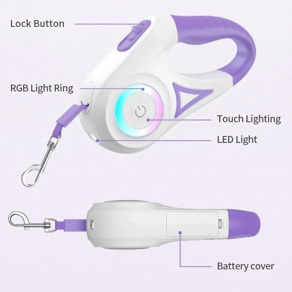 LED Retractable Dog Leash With Light For Pets Night Safety