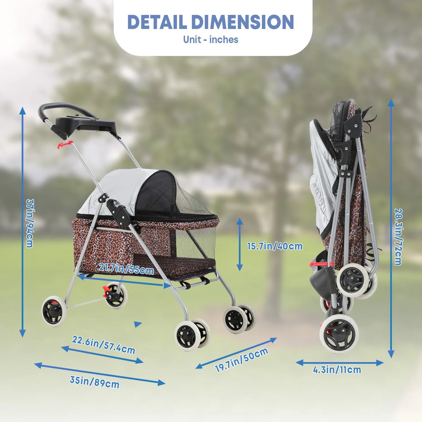 Portable 4 Wheel Pet Stroller Folding Waterproof Travel Carrier