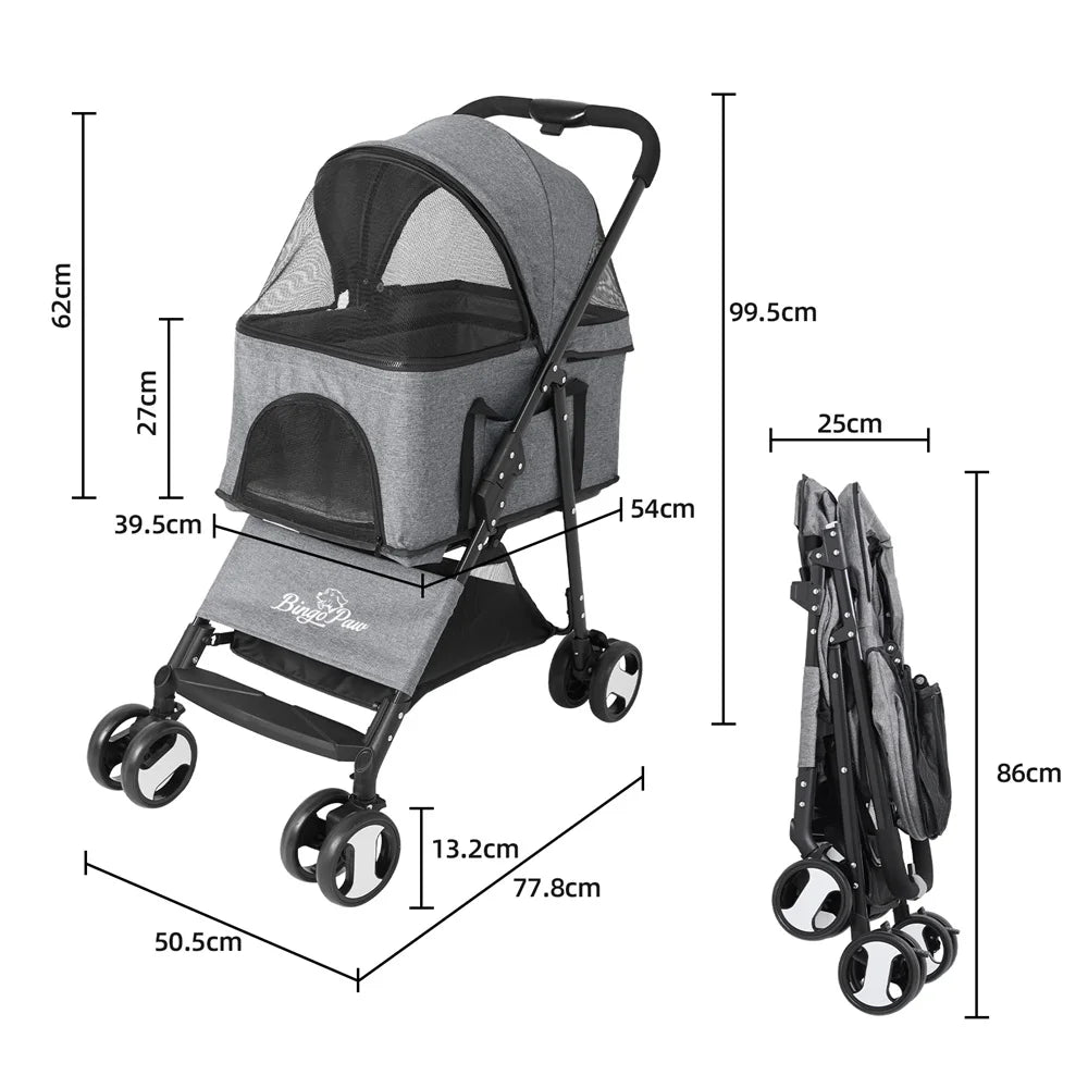 Foldable Pet Stroller Travel Carrier With 360 Wheels And Rain Cover