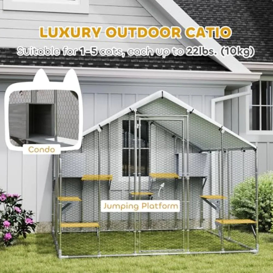 Outdoor Cat Enclosure With Waterproof Cover And 2 Resting Boxes