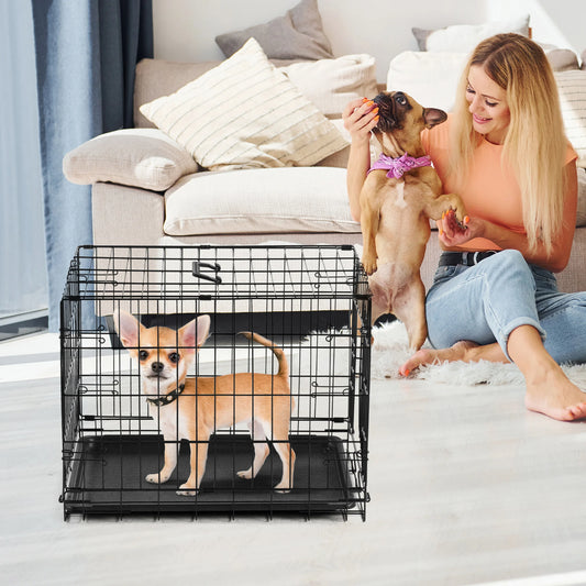 JHK Folding Metal Dog Cage With Leakproof Plastic Pan