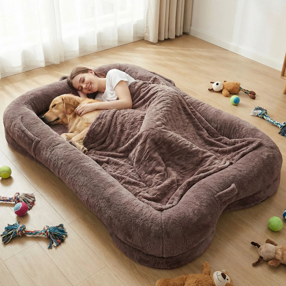 Topincn Portable Washable Plush Human And Dog Bed With Blanket