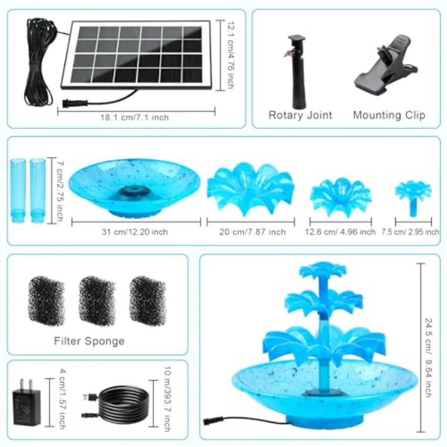 3.5W Solar Fountain Pump For Bird Bath With 8 LED Lights Power Cord Included