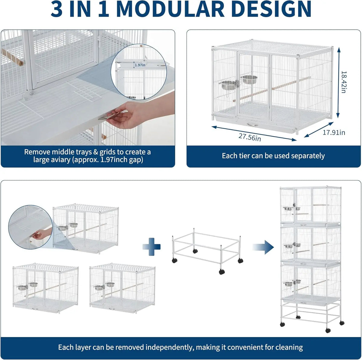 HiMISS Heavy Duty Bird Cage With Three Compartments And Trays