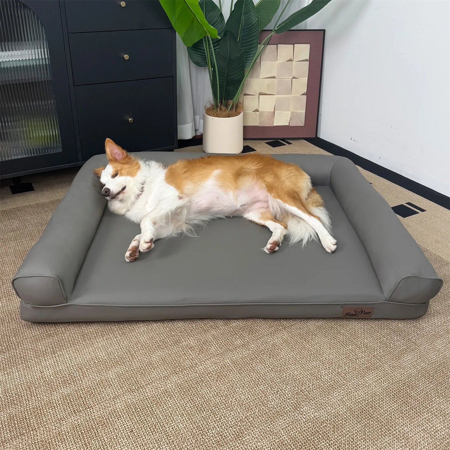 BORWART Orthopedic Dog Bed Bolster Waterproof Microfiber Leather Removable Cover