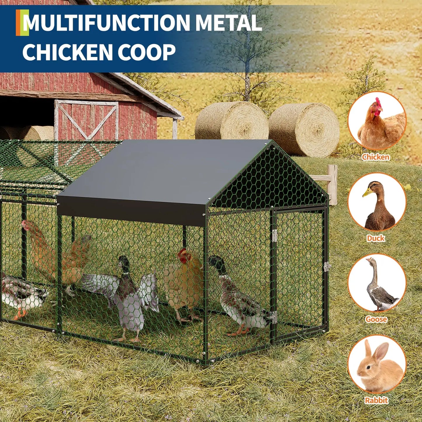HiMISS Heavy Duty Metal Chicken Coop Walk In With Doors And UV Cover